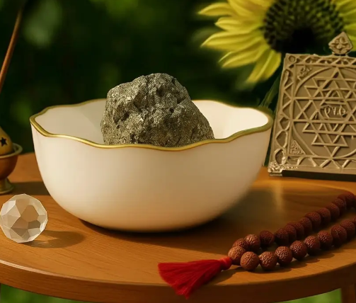 Money Bowl with Raw Pyrite (150 to 200 gram) | Selenite Bowl for Vastu & Wealth Decorative Showpiece - 12 cm (Crystal, Beige)