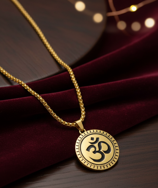 Stylish OM Pendant with Chain for Men & Boys – Gold Plated Steel