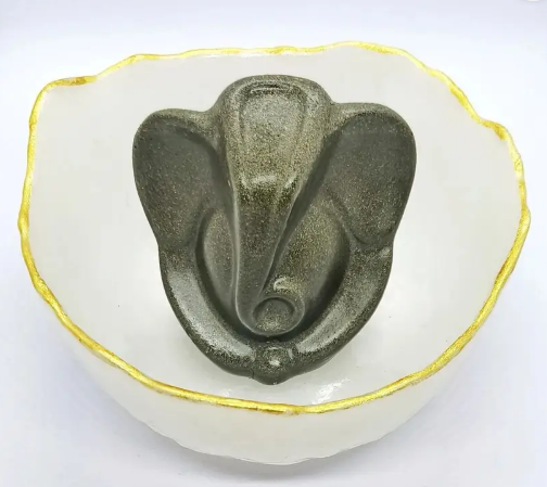 Pyrite Ganesha with Selenite Money Bowl for Vastu, Prosperity & Home Decor Decorative Showpiece - 13 cm  (Crystal, Grey)