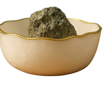 Money Bowl with Raw Pyrite (150 to 200 gram) | Selenite Bowl for Vastu & Wealth Decorative Showpiece - 12 cm  (Crystal, Beige)
