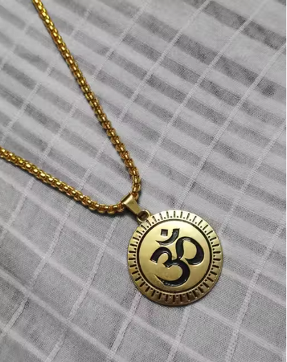 Stylish OM Pendant with Chain for Men & Boys – Gold Plated Steel