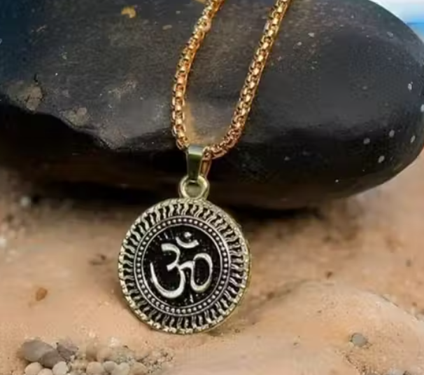 Gold Plated OM Pendant Necklace for Men – Stainless Steel Chain, Hindu Spiritual Jewelry