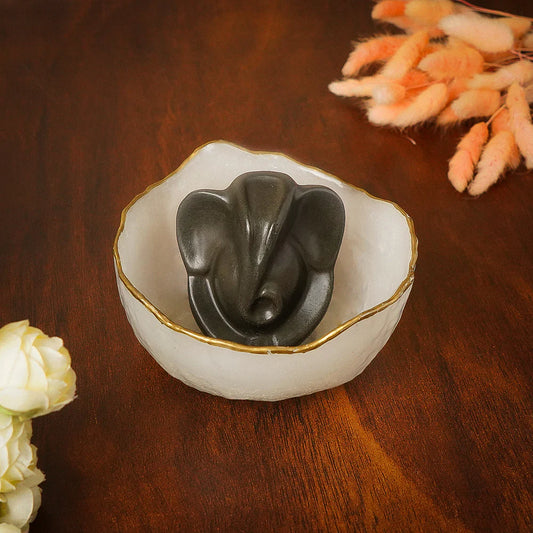 Pyrite Ganesha with Selenite Money Bowl for Vastu, Prosperity & Home Decor Decorative Showpiece - 13 cm  (Crystal, Grey)
